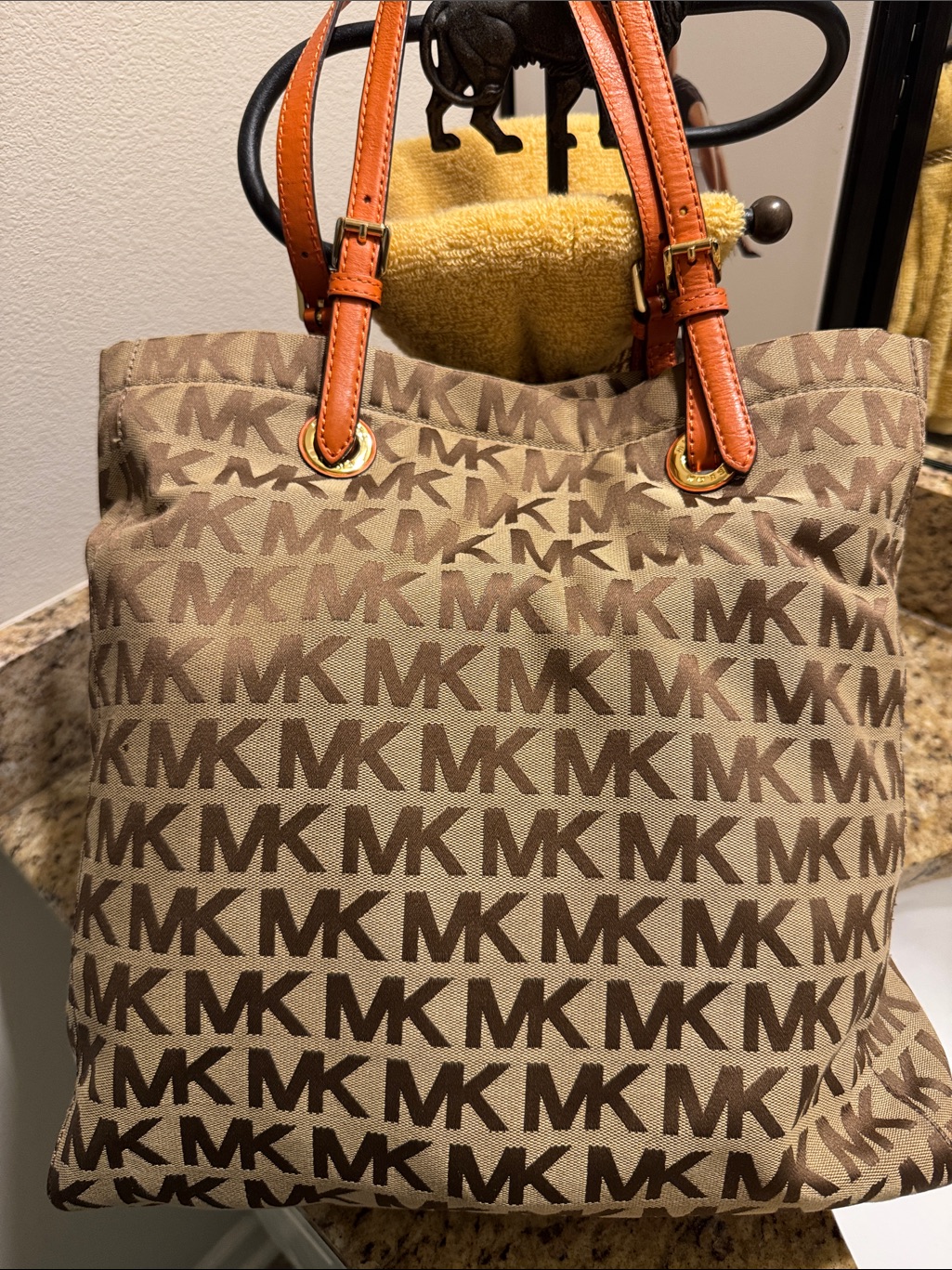 Michael Kors Tan & Brown Mk Logo Canvas Tote With Leather Handles
